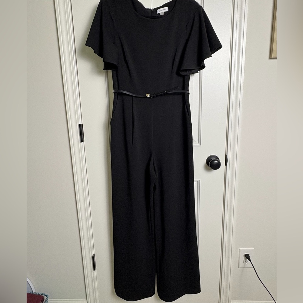 Calvin Klein Black Flutter-Sleeve Wide-Leg Jumpsuit with Belt